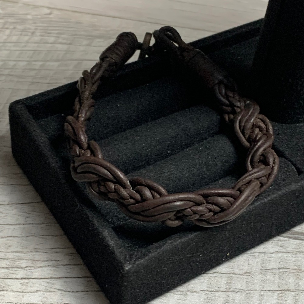 Handcrafted Braided Leather Bracelet Dark Brown Boho Woven Cord Button Closure